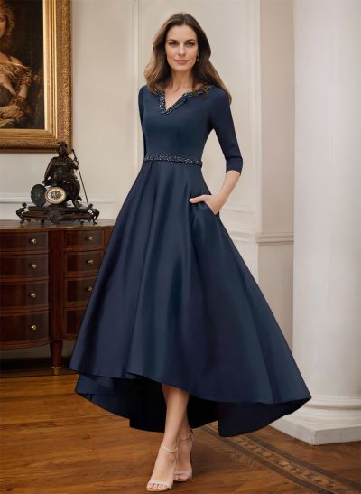 V-Neck 3/4 Sleeves Asymmetrical Satin Mother Of The Bride Dresses With Beading