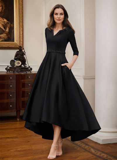 V-Neck 3/4 Sleeves Asymmetrical Satin Mother Of The Bride Dresses With Beading