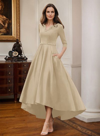 V-Neck 3/4 Sleeves Asymmetrical Satin Mother Of The Bride Dresses With Beading