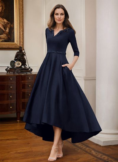 V-Neck 3/4 Sleeves Asymmetrical Satin Mother Of The Bride Dresses With Beading