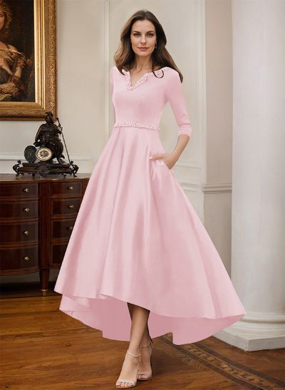 V-Neck 3/4 Sleeves Asymmetrical Satin Mother Of The Bride Dresses With Beading