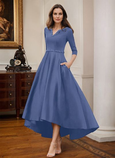 V-Neck 3/4 Sleeves Asymmetrical Satin Mother Of The Bride Dresses With Beading