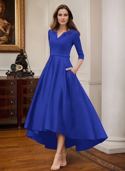 V-Neck 3/4 Sleeves Asymmetrical Satin Mother Of The Bride Dresses With Beading