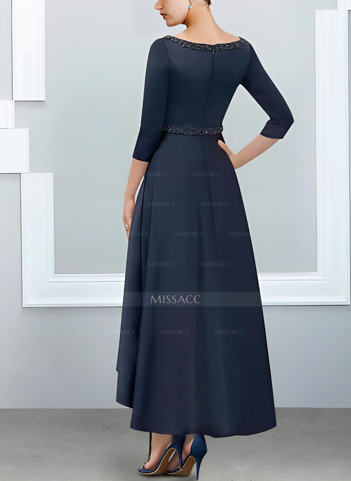 V-Neck 3/4 Sleeves Asymmetrical Satin Mother Of The Bride Dresses With Beading