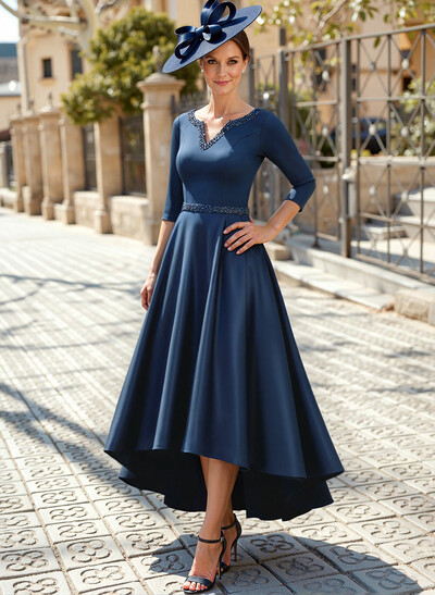 V-Neck 3/4 Sleeves Asymmetrical Satin Mother Of The Bride Dresses With Beading