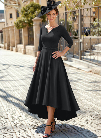 V-Neck 3/4 Sleeves Asymmetrical Satin Mother Of The Bride Dresses With Beading