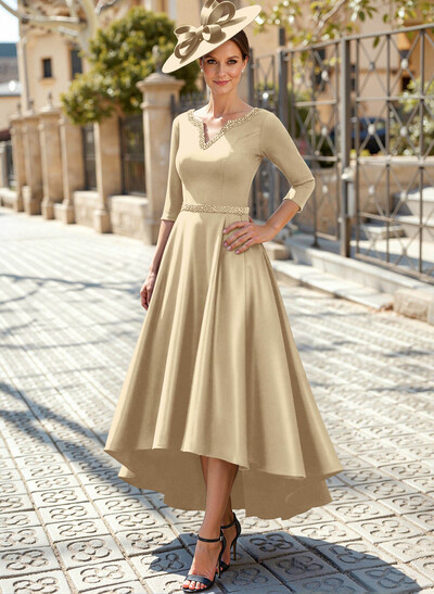 V-Neck 3/4 Sleeves Asymmetrical Satin Mother Of The Bride Dresses With Beading