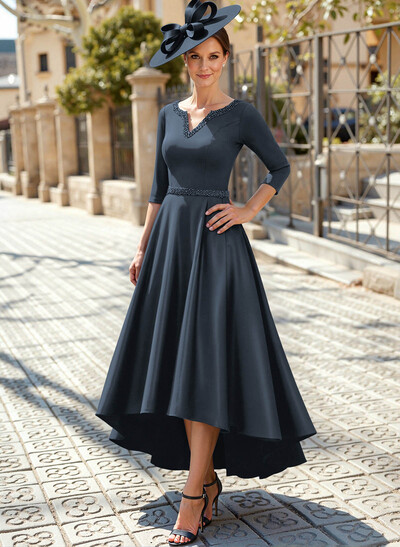 V-Neck 3/4 Sleeves Asymmetrical Satin Mother Of The Bride Dresses With Beading