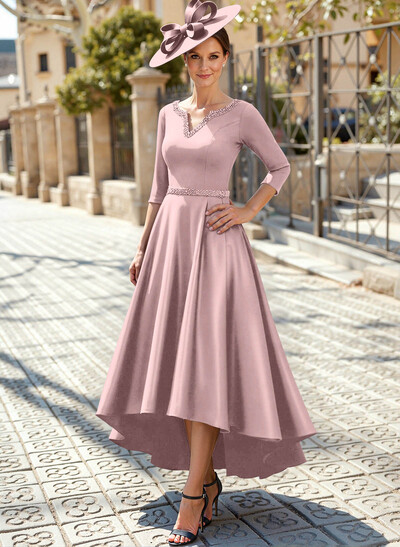 V-Neck 3/4 Sleeves Asymmetrical Satin Mother Of The Bride Dresses With Beading