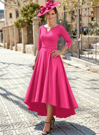 V-Neck 3/4 Sleeves Asymmetrical Satin Mother Of The Bride Dresses With Beading