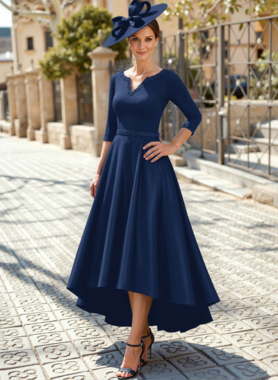 V-Neck 3/4 Sleeves Asymmetrical Satin Mother Of The Bride Dresses With Beading