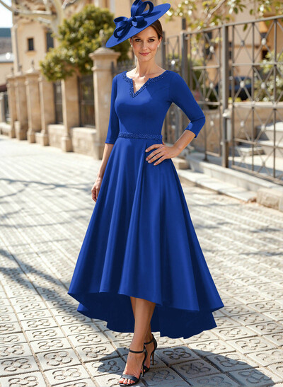 V-Neck 3/4 Sleeves Asymmetrical Satin Mother Of The Bride Dresses With Beading