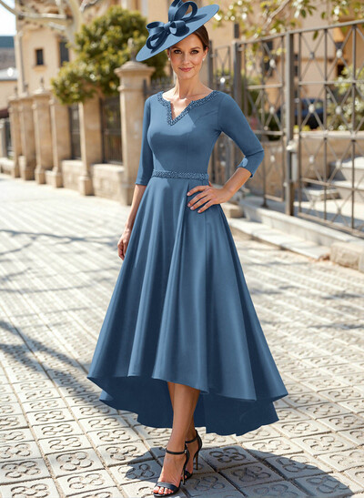 V-Neck 3/4 Sleeves Asymmetrical Satin Mother Of The Bride Dresses With Beading
