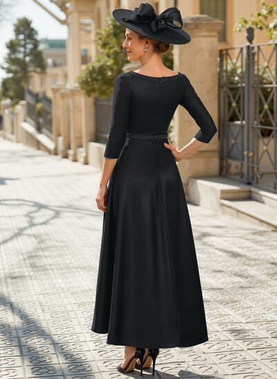 V-Neck 3/4 Sleeves Asymmetrical Satin Mother Of The Bride Dresses With Beading