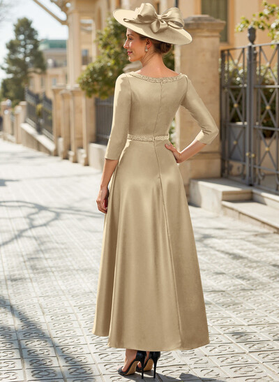 V-Neck 3/4 Sleeves Asymmetrical Satin Mother Of The Bride Dresses With Beading