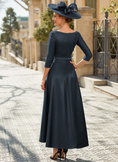 V-Neck 3/4 Sleeves Asymmetrical Satin Mother Of The Bride Dresses With Beading