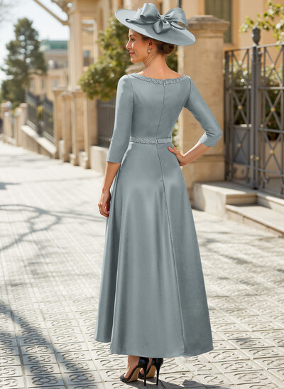 V-Neck 3/4 Sleeves Asymmetrical Satin Mother Of The Bride Dresses With Beading