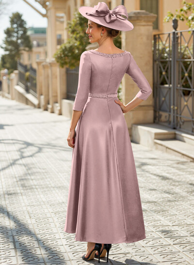 V-Neck 3/4 Sleeves Asymmetrical Satin Mother Of The Bride Dresses With Beading
