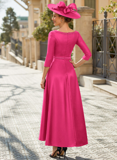 V-Neck 3/4 Sleeves Asymmetrical Satin Mother Of The Bride Dresses With Beading