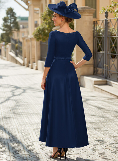 V-Neck 3/4 Sleeves Asymmetrical Satin Mother Of The Bride Dresses With Beading