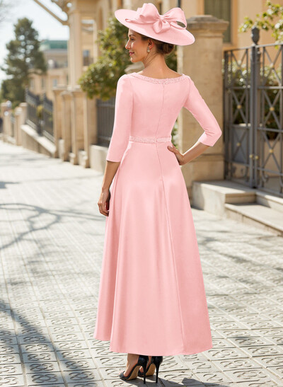V-Neck 3/4 Sleeves Asymmetrical Satin Mother Of The Bride Dresses With Beading