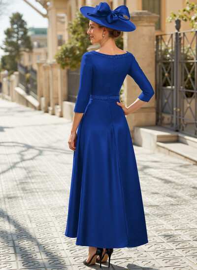 V-Neck 3/4 Sleeves Asymmetrical Satin Mother Of The Bride Dresses With Beading