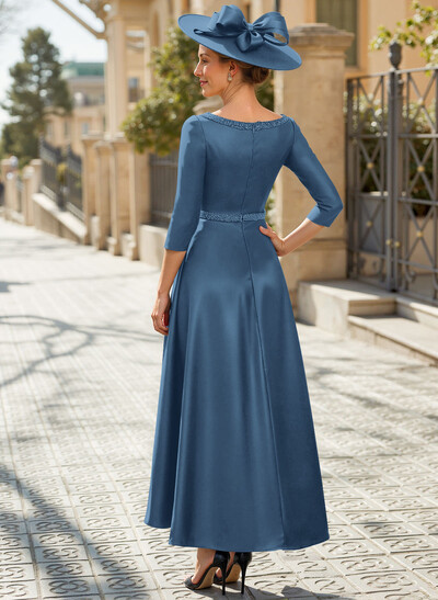 V-Neck 3/4 Sleeves Asymmetrical Satin Mother Of The Bride Dresses With Beading