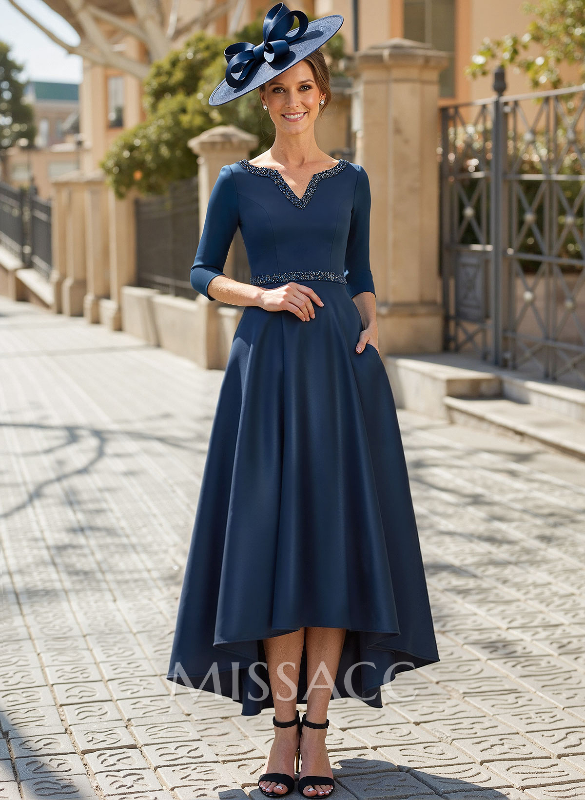 V-Neck 3/4 Sleeves Asymmetrical Satin Mother Of The Bride Dresses With Beading V-Neck 3/4 Sleeves Asymmetrical Satin Mother Of The Bride Dresses With Beading