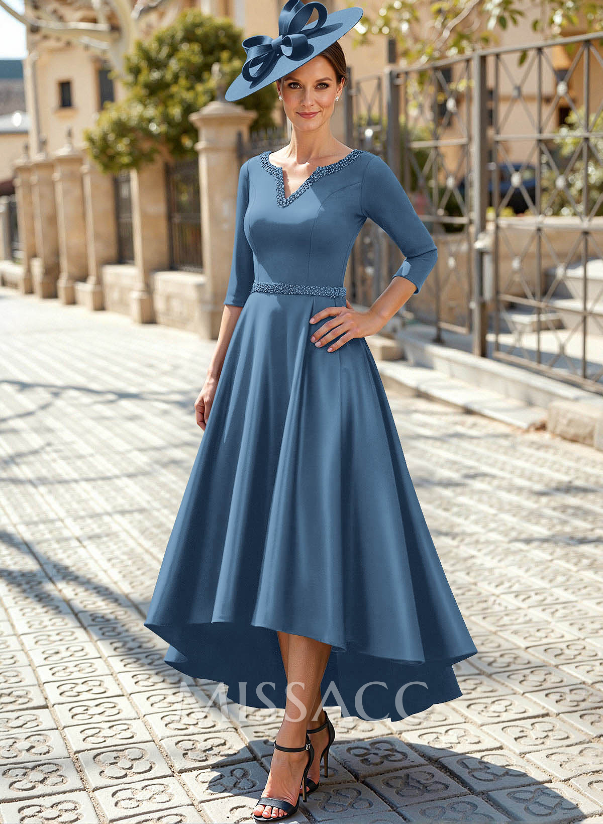 V-Neck 3/4 Sleeves Asymmetrical Satin Mother Of The Bride Dresses With Beading V-Neck 3/4 Sleeves Asymmetrical Satin Mother Of The Bride Dresses With Beading