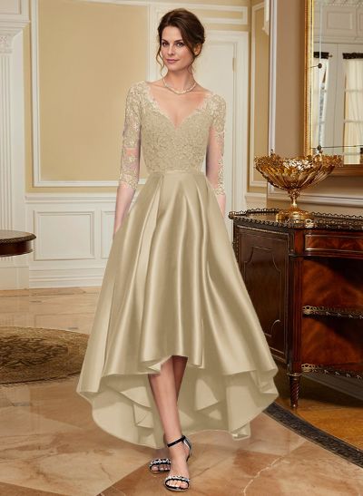 A-Line V-Neck 3/4 Sleeves Asymmetrical Lace Mother Of The Bride Dresses