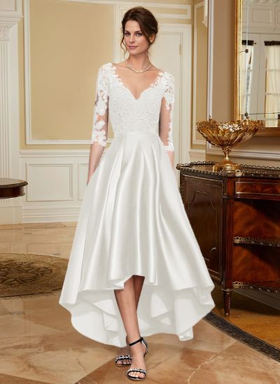 A-Line V-Neck 3/4 Sleeves Asymmetrical Lace Mother Of The Bride Dresses