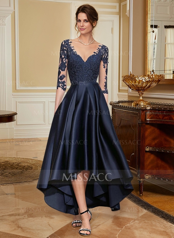 A-Line V-Neck 3/4 Sleeves Asymmetrical Lace Mother Of The Bride Dresses