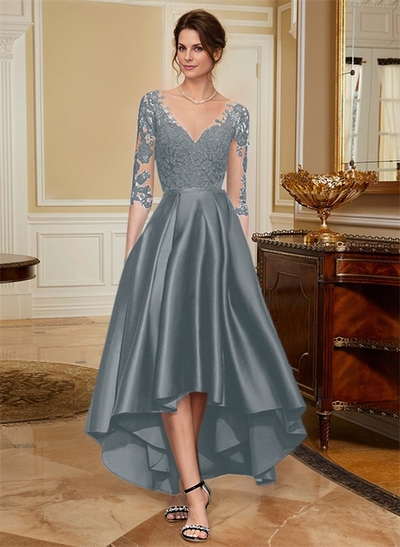 A-Line V-Neck 3/4 Sleeves Asymmetrical Lace Mother Of The Bride Dresses
