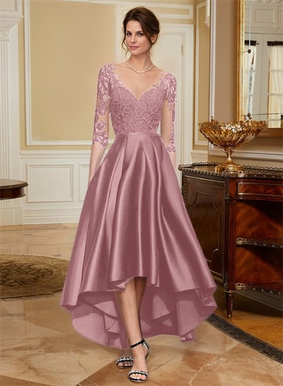 A-Line V-Neck 3/4 Sleeves Asymmetrical Lace Mother Of The Bride Dresses