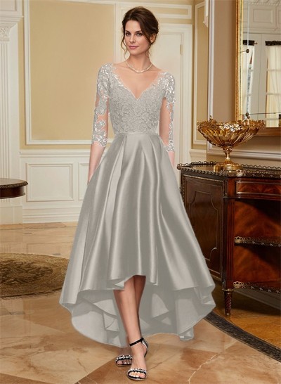 A-Line V-Neck 3/4 Sleeves Asymmetrical Lace Mother Of The Bride Dresses