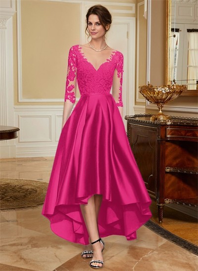 A-Line V-Neck 3/4 Sleeves Asymmetrical Lace Mother Of The Bride Dresses