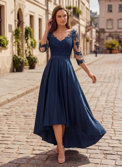 A-Line V-Neck 3/4 Sleeves Asymmetrical Lace Mother Of The Bride Dresses