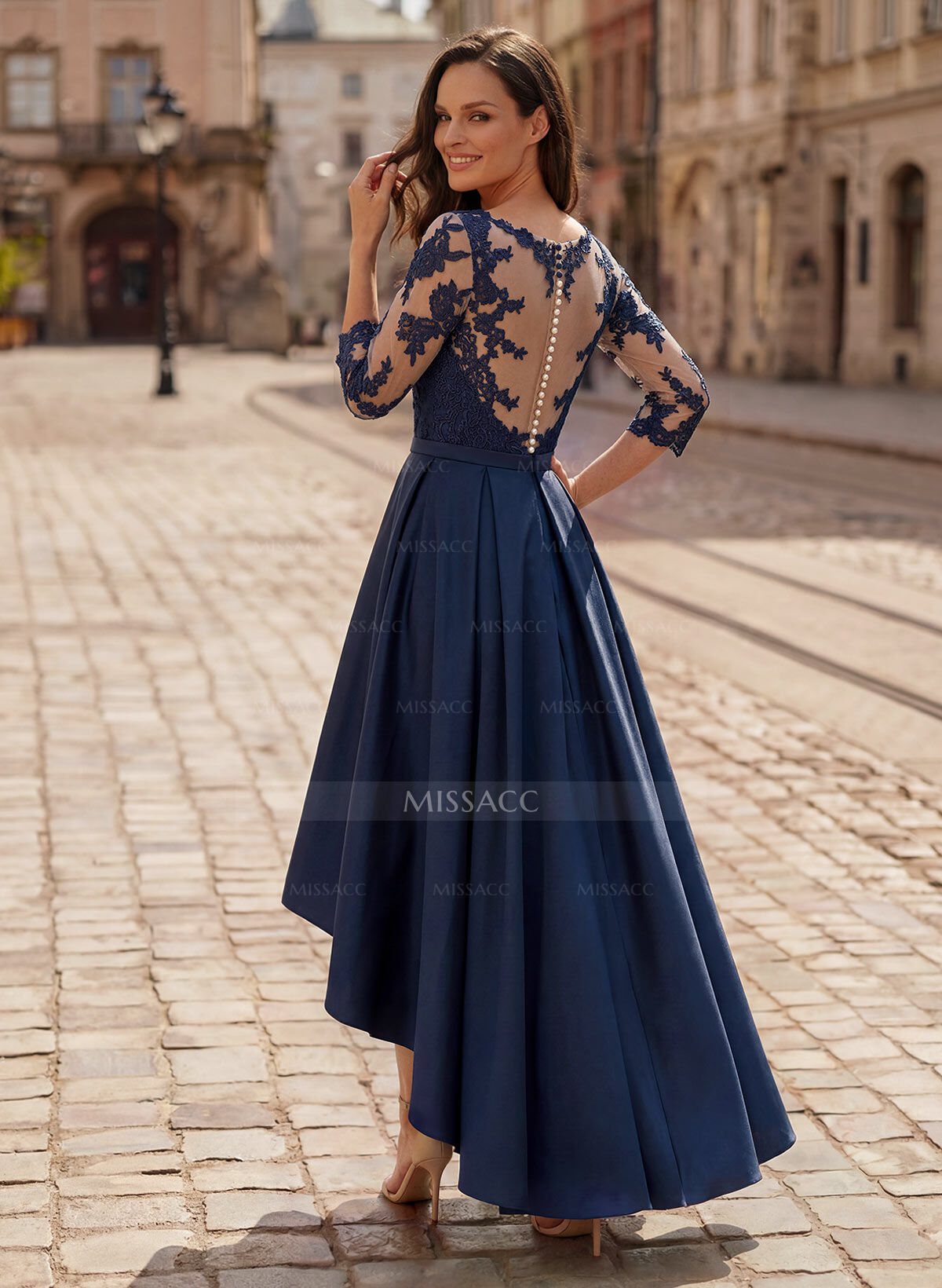 A-Line V-Neck 3/4 Sleeves Asymmetrical Lace Mother Of The Bride Dresses