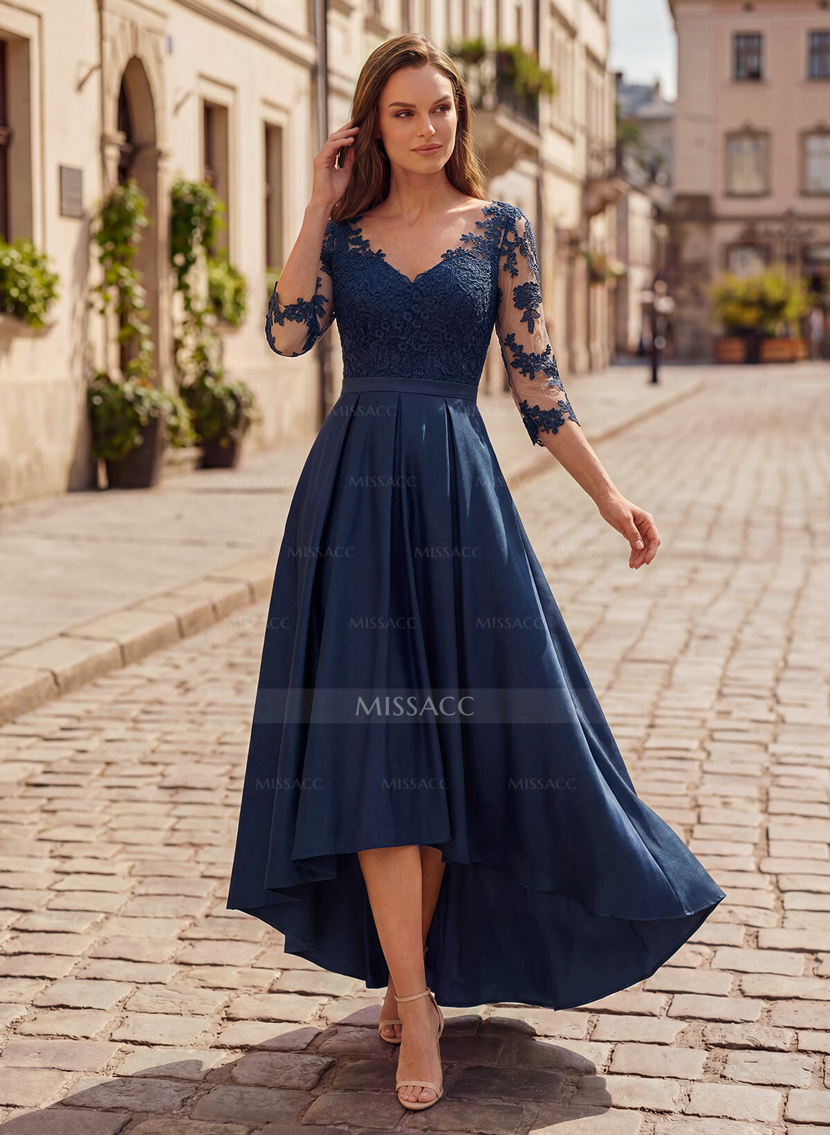 A-Line V-Neck 3/4 Sleeves Asymmetrical Lace Mother Of The Bride Dresses