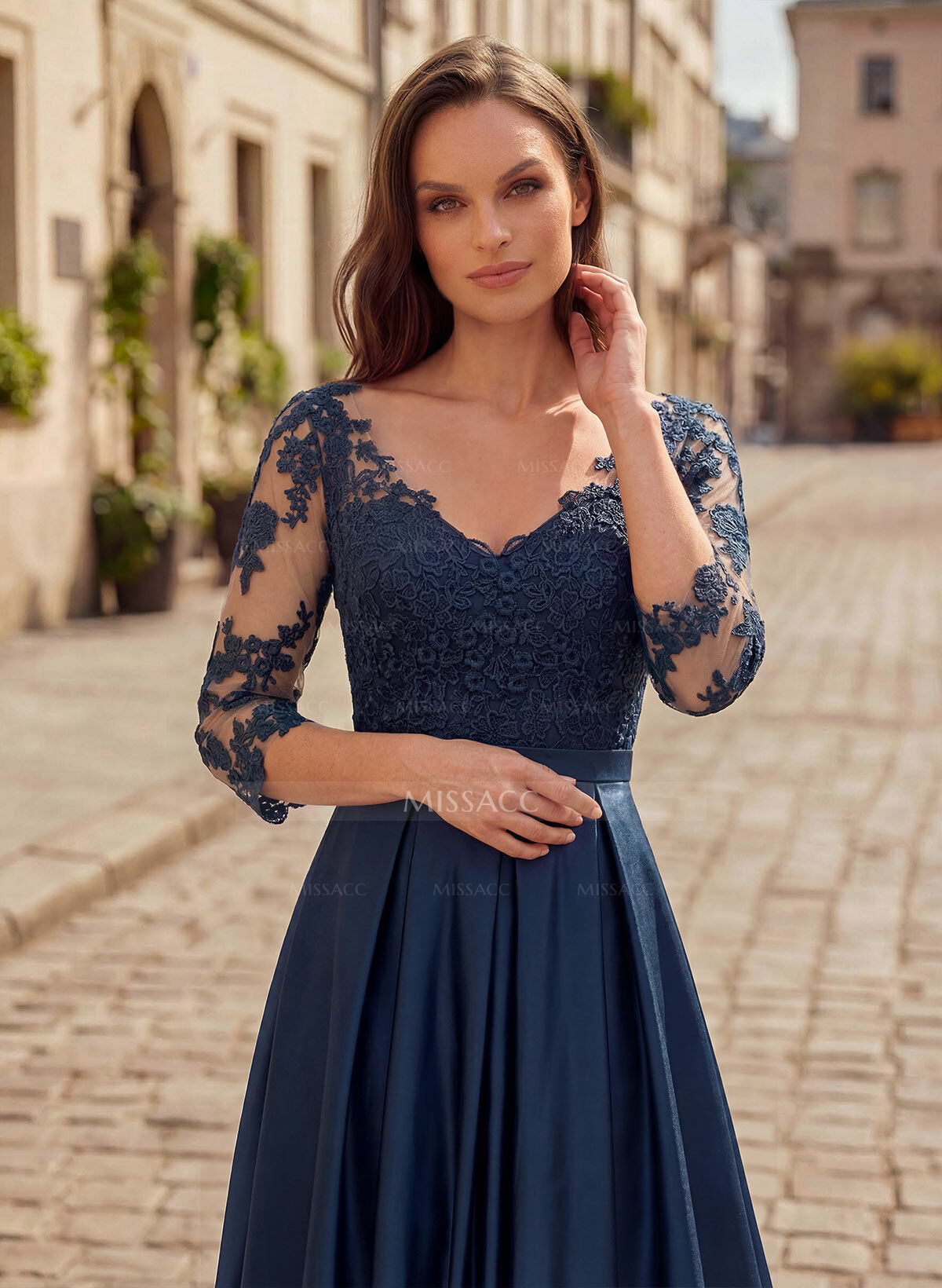 A-Line V-Neck 3/4 Sleeves Asymmetrical Lace Mother Of The Bride Dresses