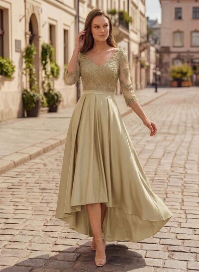 A-Line V-Neck 3/4 Sleeves Asymmetrical Lace Mother Of The Bride Dresses