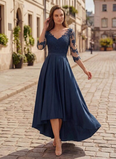 A-Line V-Neck 3/4 Sleeves Asymmetrical Lace Mother Of The Bride Dresses