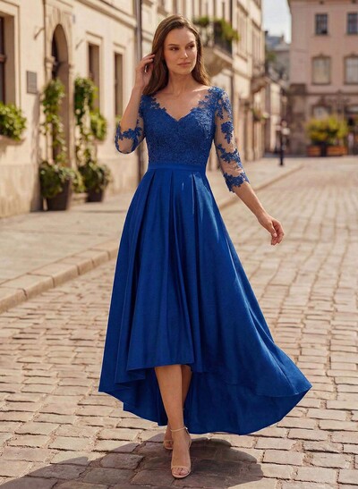 A-Line V-Neck 3/4 Sleeves Asymmetrical Lace Mother Of The Bride Dresses