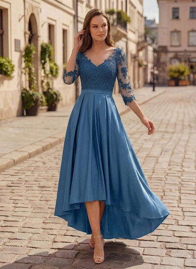 A-Line V-Neck 3/4 Sleeves Asymmetrical Lace Mother Of The Bride Dresses
