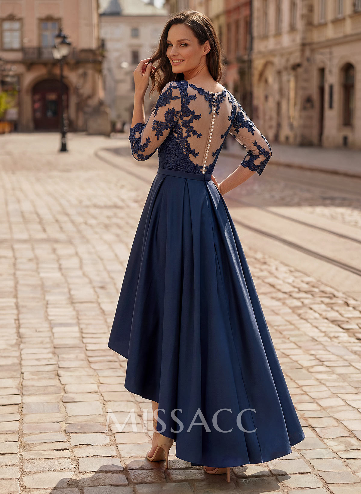 A-Line V-Neck 3/4 Sleeves Asymmetrical Lace Mother Of The Bride Dresses