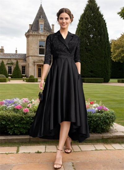 A-Line V-Neck 3/4 Sleeves Asymmetrical Satin Mother Of The Bride Dresses With Sequins