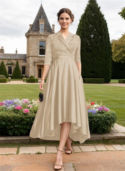 A-Line V-Neck 3/4 Sleeves Asymmetrical Satin Mother Of The Bride Dresses With Sequins