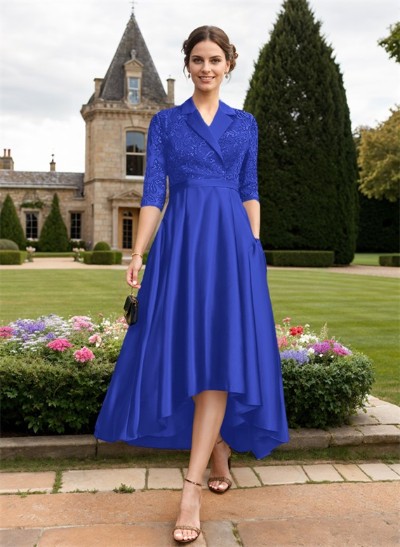 A-Line V-Neck 3/4 Sleeves Asymmetrical Satin Mother Of The Bride Dresses With Sequins