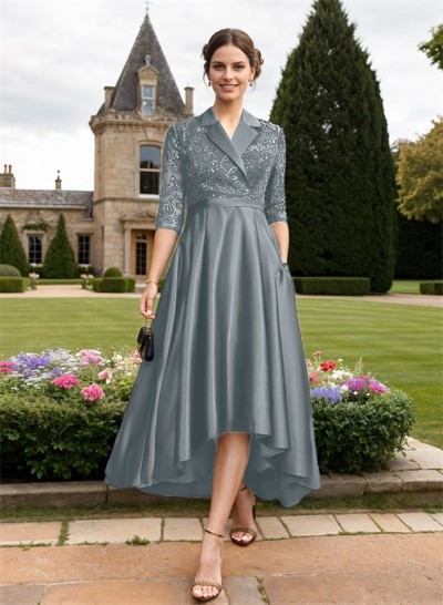 A-Line V-Neck 3/4 Sleeves Asymmetrical Satin Mother Of The Bride Dresses With Sequins