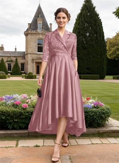 A-Line V-Neck 3/4 Sleeves Asymmetrical Satin Mother Of The Bride Dresses With Sequins